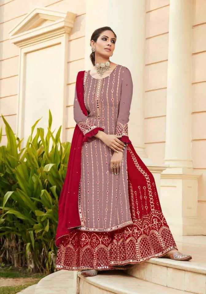 Red Georgette Embroidered Sharara Suit With Real Mirror Work