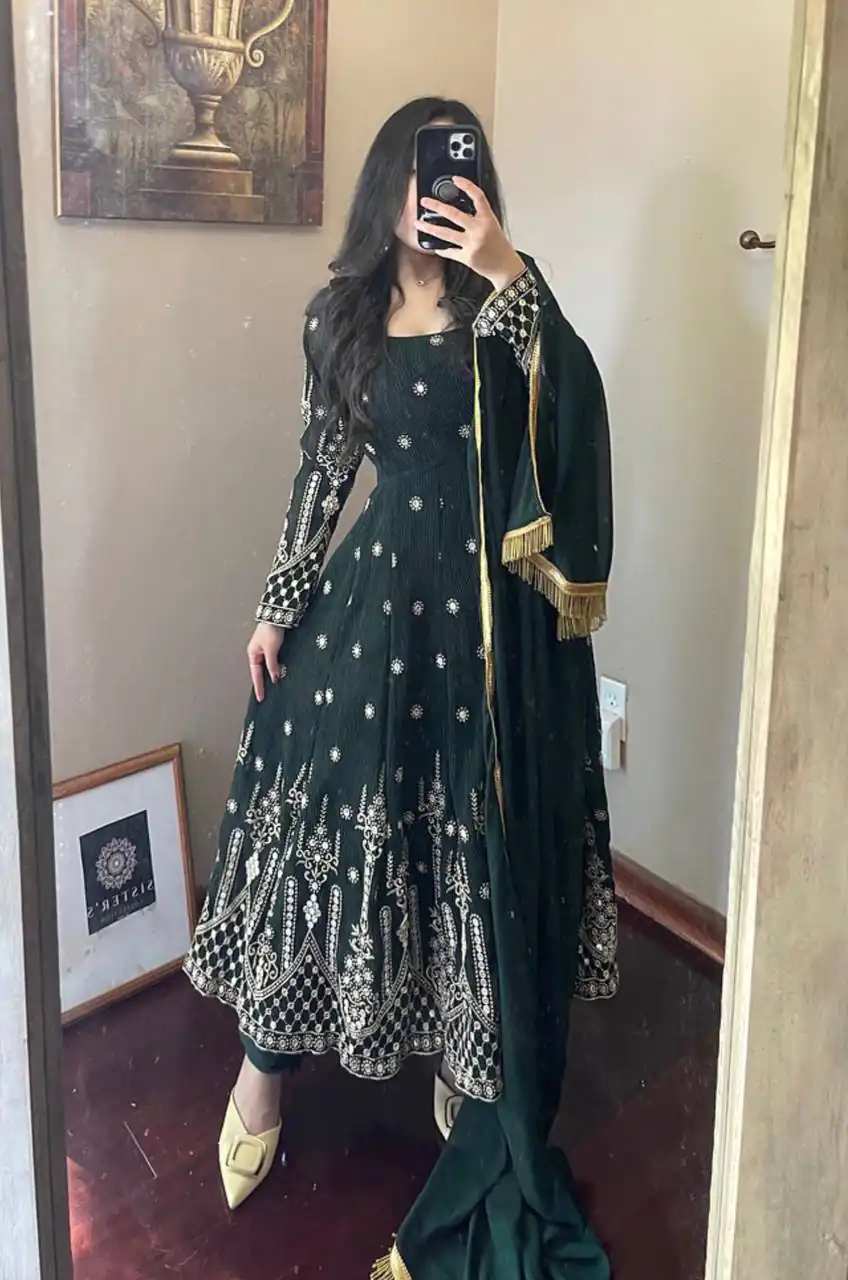 Go On Fancy Look With Green Color Sequins Embellished Anarkali