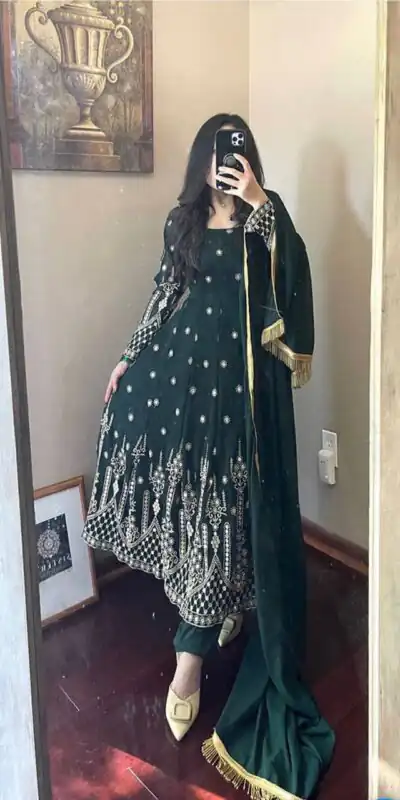 NSR 661 Green Gown : Faux Georgette?Work : Embroidery And Heavy 9mm Sequins Embellished Go On Fancy Look With Black Color Sequins Embellished Anarkali @1949 | Anarkali Suits, Bollywood Anarkali, Creative-Anarkali, Designer Anarkali, Embroidered Anarkali, Party Wear Anarkali, Designer Gowns, Embroidered Gowns, Salwar suit, Casual Suits, Party Wear Suits