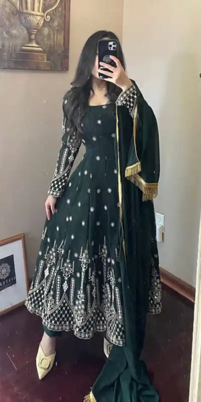 NSR 661 Green Gown : Faux Georgette?Work : Embroidery And Heavy 9mm Sequins Embellished Go On Fancy Look With Black Color Sequins Embellished Anarkali @1949 | Anarkali Suits, Bollywood Anarkali, Creative-Anarkali, Designer Anarkali, Embroidered Anarkali, Party Wear Anarkali, Designer Gowns, Embroidered Gowns, Salwar suit, Casual Suits, Party Wear Suits