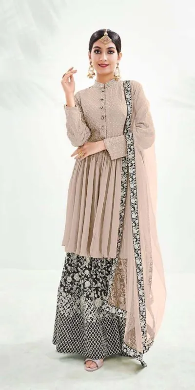 Latest Cream Color Georgette With Embroidery Work Sharara Suit