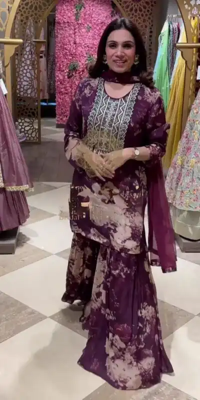 ZF 237 Purple?Top : Faux Georgette?Work : Digital Print With Heavy Embroidery Work Casual Wear Sharara Suit , Wedding 1749/- | Salwar suit, Casual Suits, Creative suits, Designer Suits, Palazzo Suits, Party Wear Suits, Straight Suits
