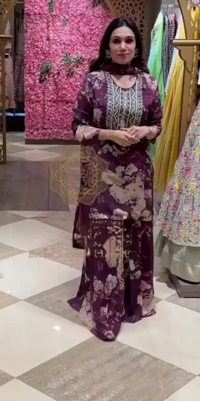 ZF 237 Purple?Top : Faux Georgette?Work : Digital Print With Heavy Embroidery Work Casual Wear Sharara Suit , Wedding 1749/- | Salwar suit, Casual Suits, Creative suits, Designer Suits, Palazzo Suits, Party Wear Suits, Straight Suits