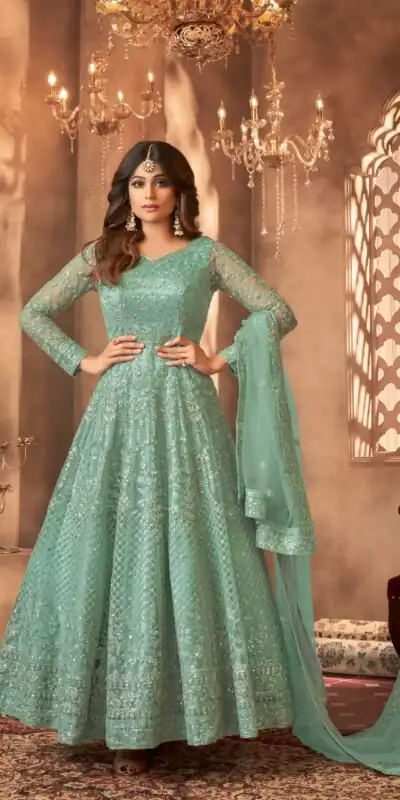 JR 8398?Sky-blue : Net With Sequence?Work : Sequence Coding Embroidery Work Beautiful Sky-blue Color Casual, Wedding, Party, Festive, Events. @2650/- | Anarkali Suits, Bollywood Anarkali, Creative-Anarkali, Designer Anarkali, Embroidered Anarkali, Party Wear Anarkali, Gowns, Bollywood Gowns, Creative Gowns, Designer Gowns, Embroidered Gowns, Party Wear Gowns
