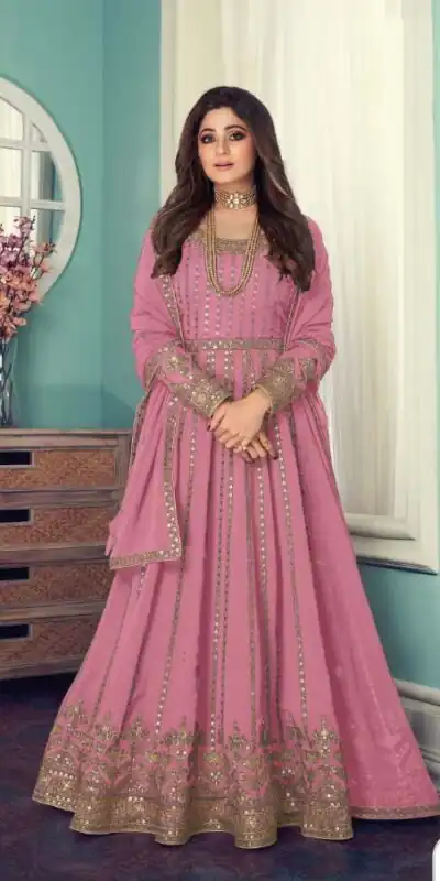 FC 8545 Peach Gown : Georgette?Work : Sequence Embroidery Work Casual, Wedding, Festive, Events, Designer Party Wear, Gown @2299/- | Gowns, Bollywood Gowns, Creative Gowns, Designer Gowns, Embroidered Gowns, Party Wear Gowns, Salwar suit, Casual Suits, Designer Suits