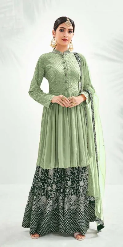 Latest Green Color Georgette With Embroidery Work Sharara Suit