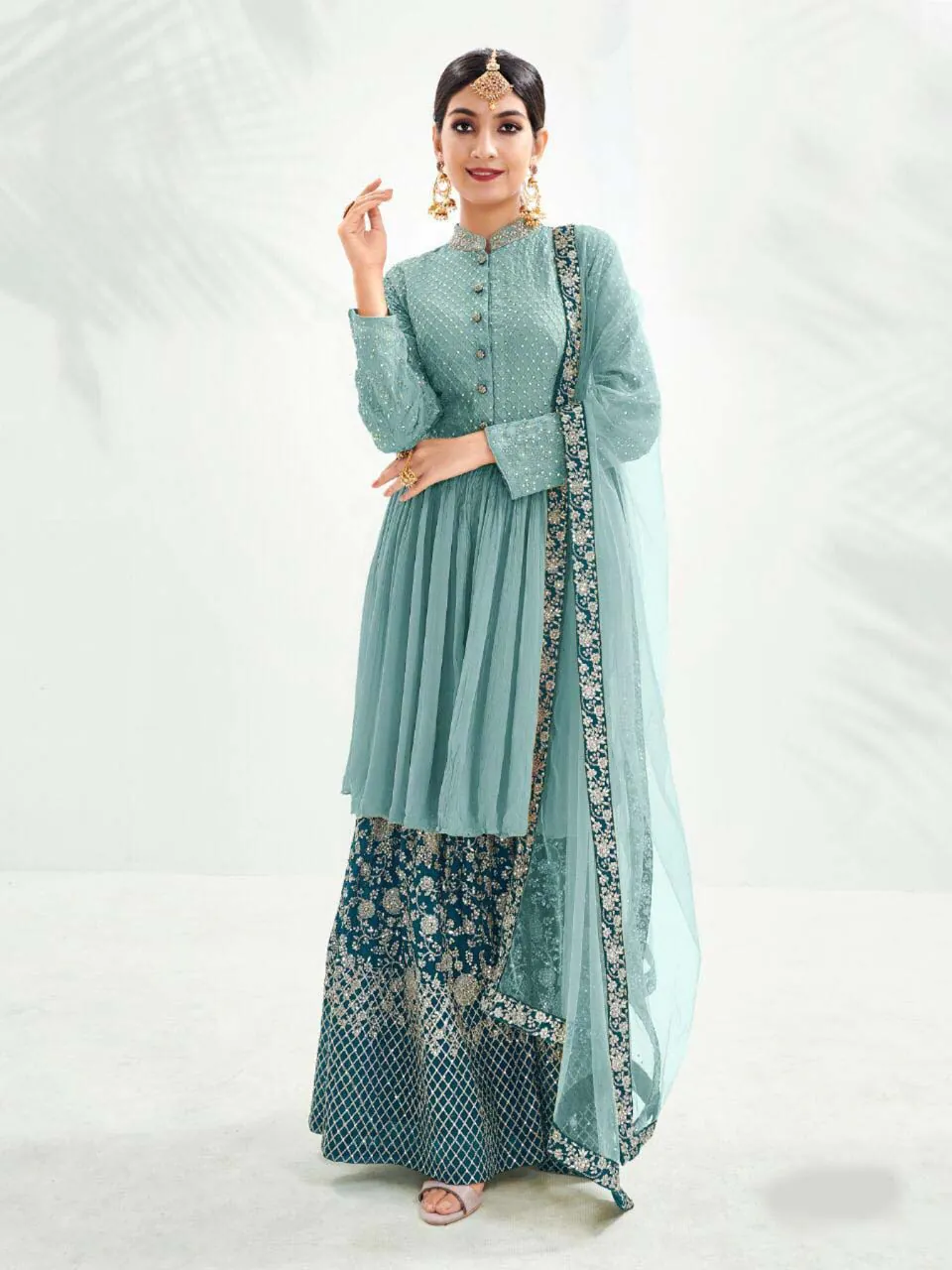 Latest Sky Blue Color Georgette With Embroidery Work Sharara Suit