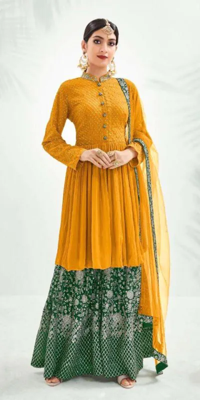 Latest Yellow Color Georgette With Embroidery Work Sharara Suit