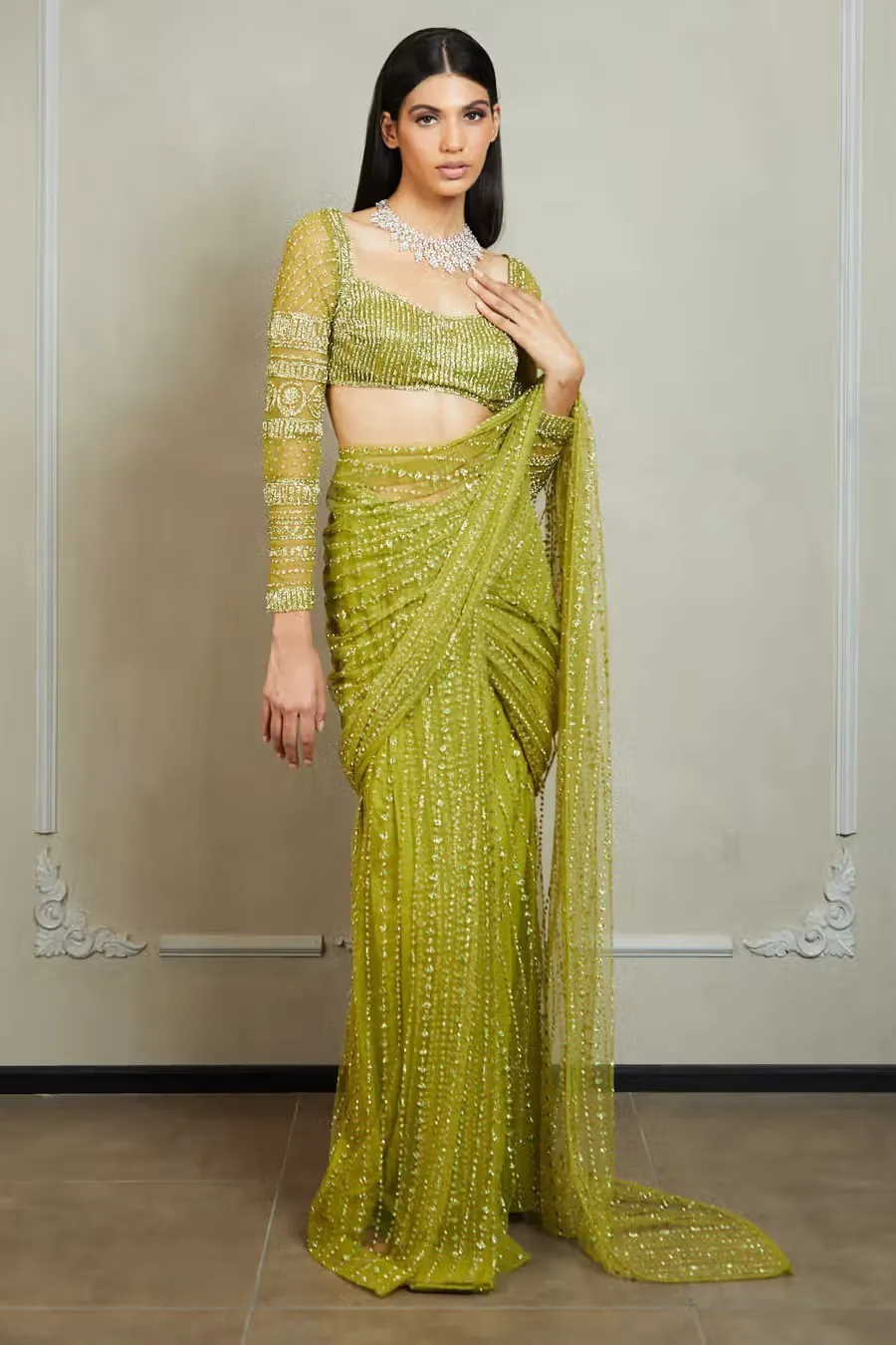 Attractive Green Color Fancy Sequence Work & Thread Work Saree