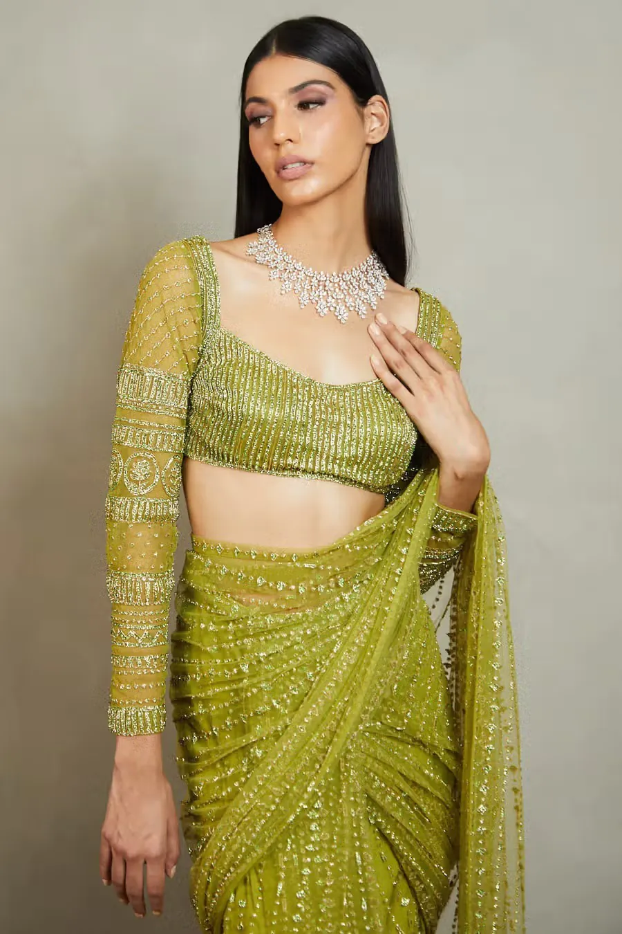 Attractive Green Color Fancy Sequence Work & Thread Work Saree - Image 3