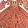 Graceful Peach Color Georgette With Heavy Embroidery Sequence Work Party Wear Gown