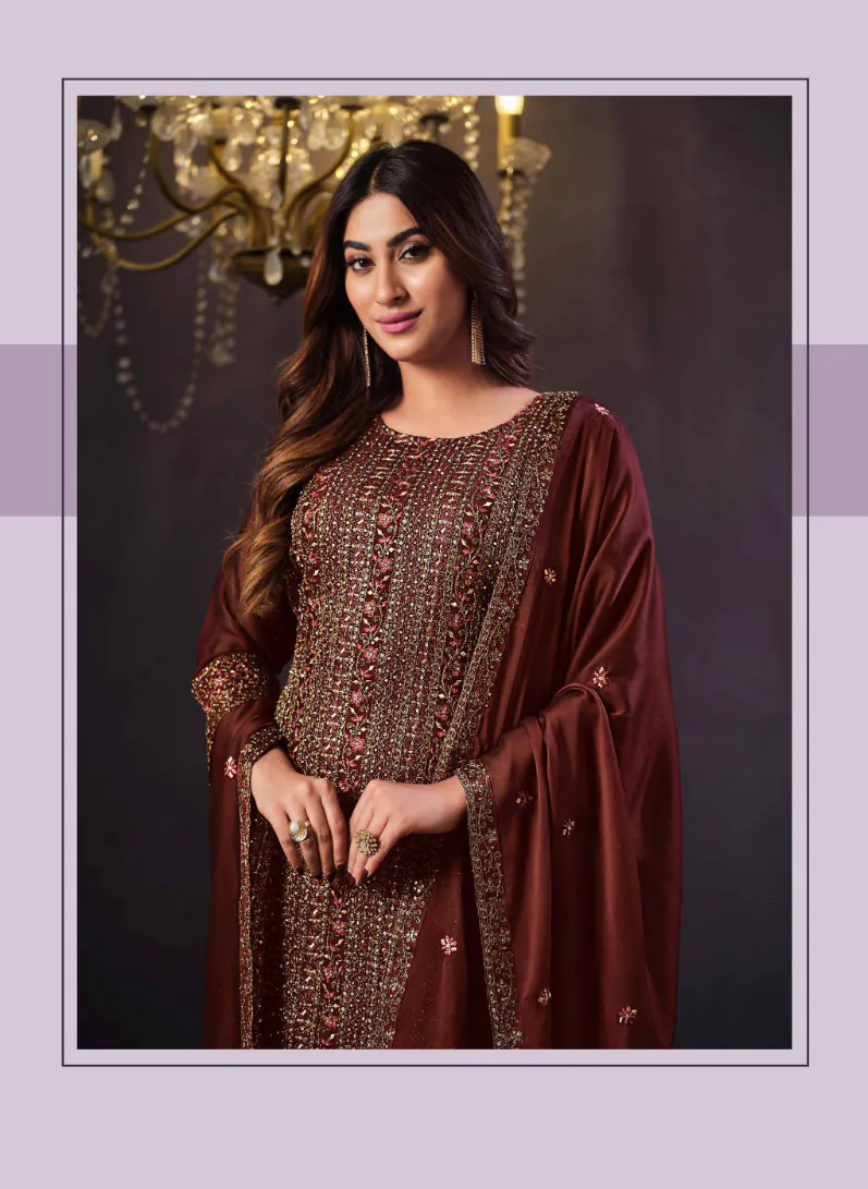 Awesome Brown Heavy Rangoli With Coding Sequence Embroidery Work Salwar Suit - Image 2
