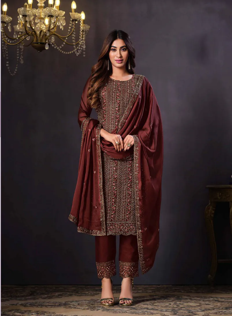 Awesome Brown Heavy Rangoli With Coding Sequence Embroidery Work Salwar Suit