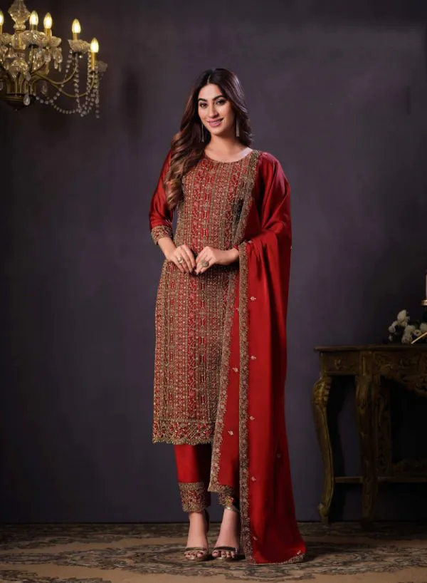 Awesome Red Heavy Rangoli With Coding Sequence Embroidery Work Salwar Suit