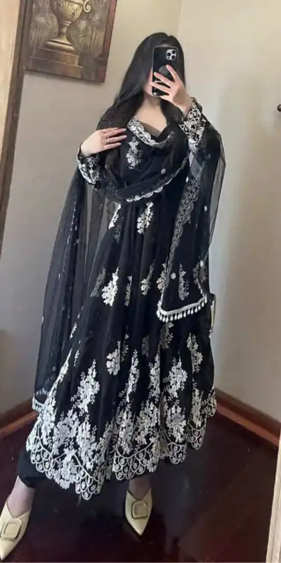 NSR 656 Gown :?Faux Georgette?Work : Heavy Embroidery Work Casual, Wedding, Festive Party Wear, Events Black Color Gown @1950/- | Gowns, Bollywood Gowns, Creative Gowns, Designer Gowns, Embroidered Gowns, Party Wear Gowns, Salwar suit, Casual Suits, Designer Suits