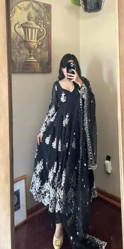 NSR 656 Gown :?Faux Georgette?Work : Heavy Embroidery Work Casual, Wedding, Festive Party Wear, Events Black Color Gown @1950/- | Gowns, Bollywood Gowns, Creative Gowns, Designer Gowns, Embroidered Gowns, Party Wear Gowns, Salwar suit, Casual Suits, Designer Suits