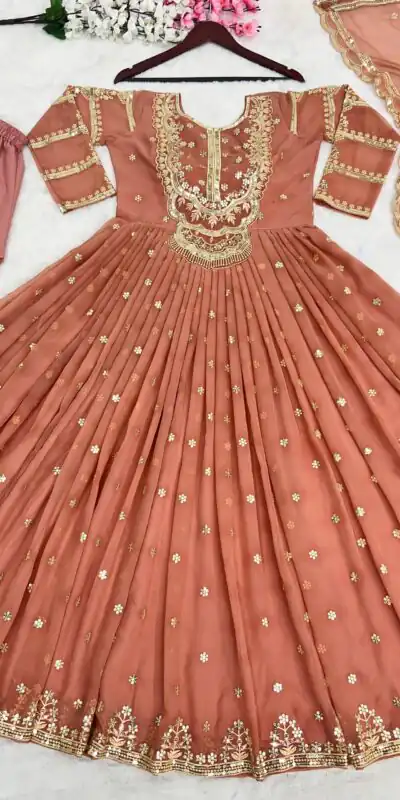 ZSR-3021 Peach Color Gown : Fox Georgette Work : Embroidery Sequence Work Inner : Micro Cotton Traditional Wear, Wedding, Festive, Events. @1999/- | Gowns, Bollywood Gowns, Designer Gowns, Embroidered Gowns, Party Wear Gowns, Salwar suit, Casual Suits, Party Wear Suits