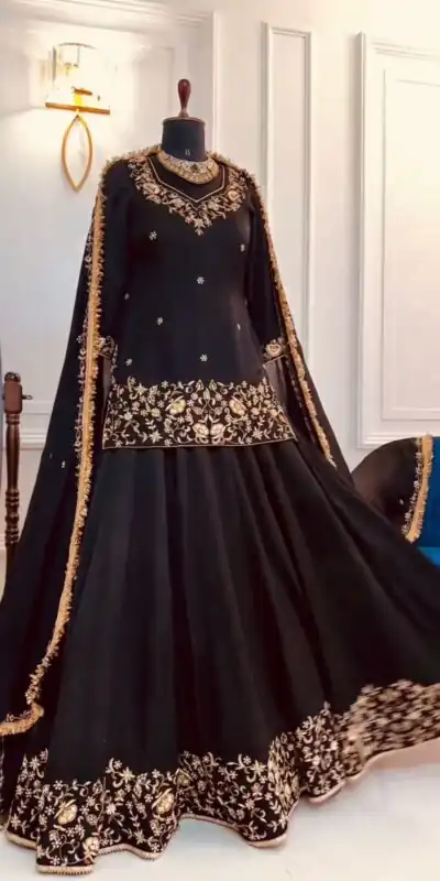 ZSR 3045 ?Black Faux Georgette With *Heavy 5mm Embroidery Sequence Top With Lehenga Choli For Traditional Wear, Wedding, Festive, Events. @2199/- | Lehenga, Bollywood Lehenga, Creative Lehenga, Designer Lehenga, Embroidered Lehenga, Party Wear Lehenga