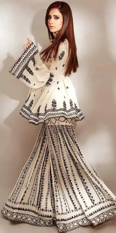 NSR 1139 White & Black Top : Heavy Georgette Top Work : Embroidery Work With Embroidered Bell Sleeve Party, Daily, Wedding, Events @ | Salwar suit, Casual Suits, Creative suits, Designer Suits, Palazzo Suits, Party Wear Suits, Straight Suits