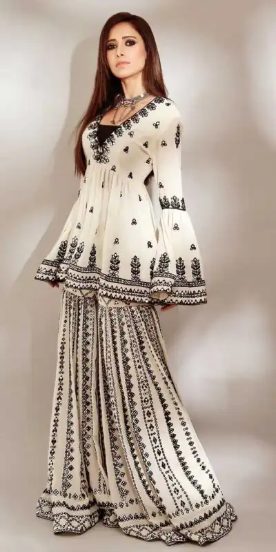 NSR 1139 White & Black Top : Heavy Georgette Top Work : Embroidery Work With Embroidered Bell Sleeve Party, Daily, Wedding, Events @ | Salwar suit, Casual Suits, Creative suits, Designer Suits, Palazzo Suits, Party Wear Suits, Straight Suits