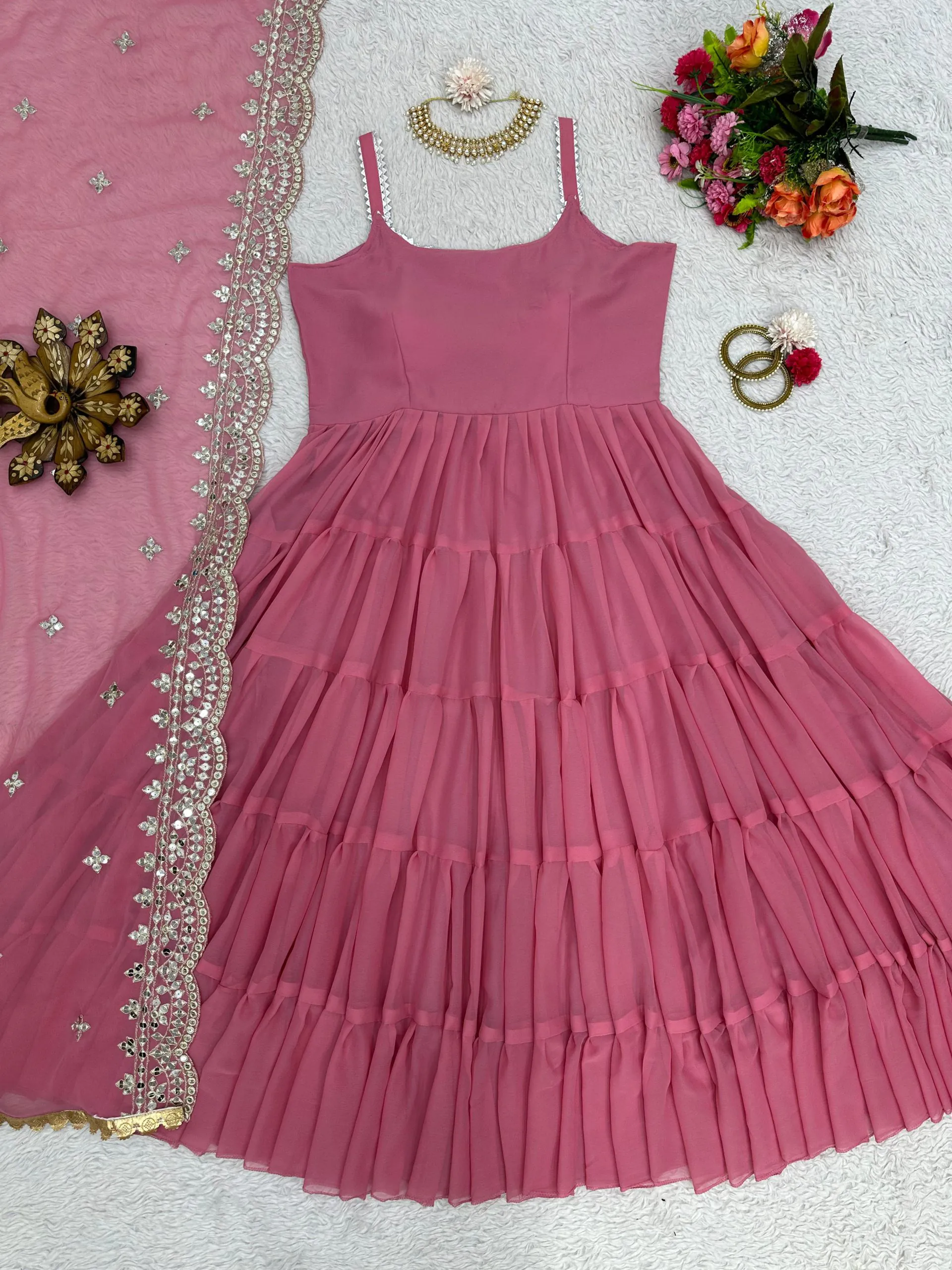 Artful Pink Color Georgette With Heavy Embroidery Sequence Work Party Wear Gown - Image 3