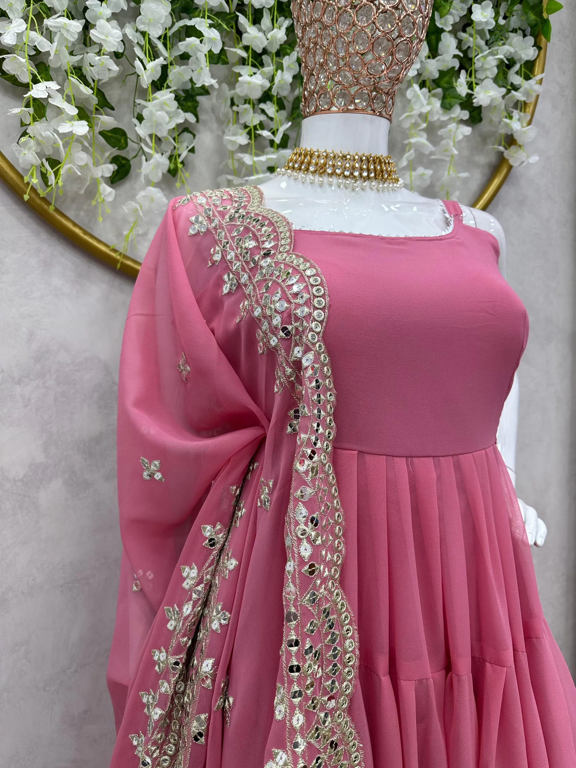 Artful Pink Color Georgette With Heavy Embroidery Sequence Work Party Wear Gown - Image 4