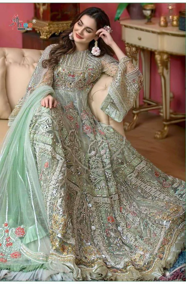 Attractive Green Color Heavy Net with sequence And Embroidery With stone work Anarkali Suit