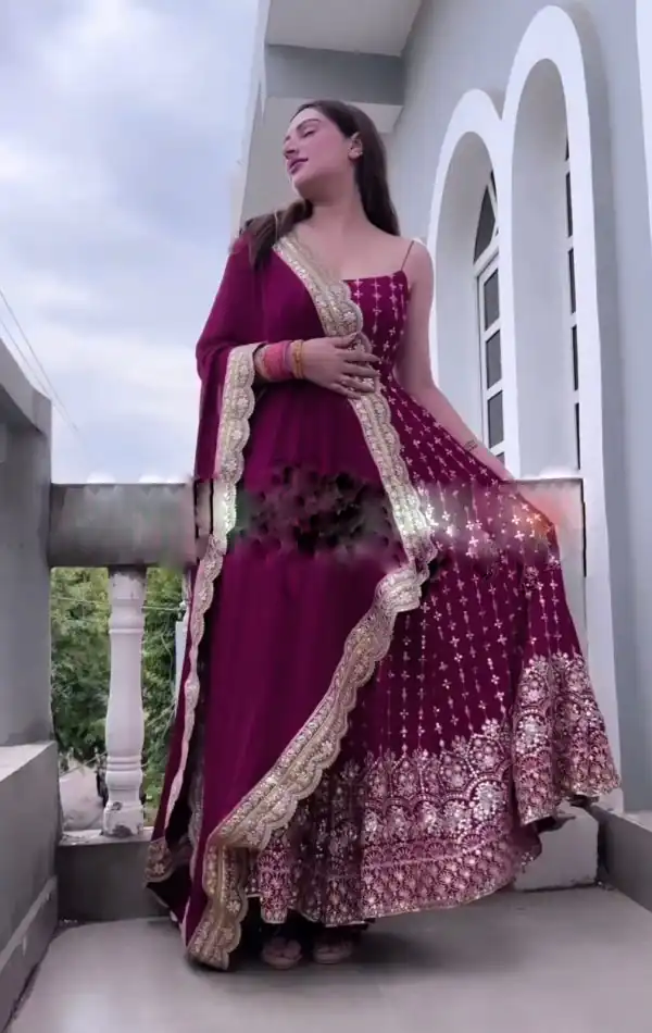 Dreamlike Maroon Color Georgette With Heavy Embroidery Sequence Work with Attached Pad Gown