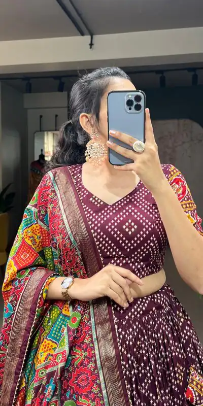 LNB1687 Wine Color Lehenga : Tussar Silk Blouse : Patola Print Work : Foil Work Traditional Wear, Festive, Wedding, Events @2799/- | Lehenga, Bollywood Lehenga, Creative Lehenga, Designer Lehenga, Embroidered Lehenga, Party Wear Lehenga