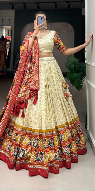 LNB1687 Yellow Color Lehenga : Tussar Silk Blouse : Patola Print Work : Foil Work Traditional Wear, Festive, Wedding, Events @2799/- | Lehenga, Bollywood Lehenga, Creative Lehenga, Designer Lehenga, Embroidered Lehenga, Party Wear Lehenga