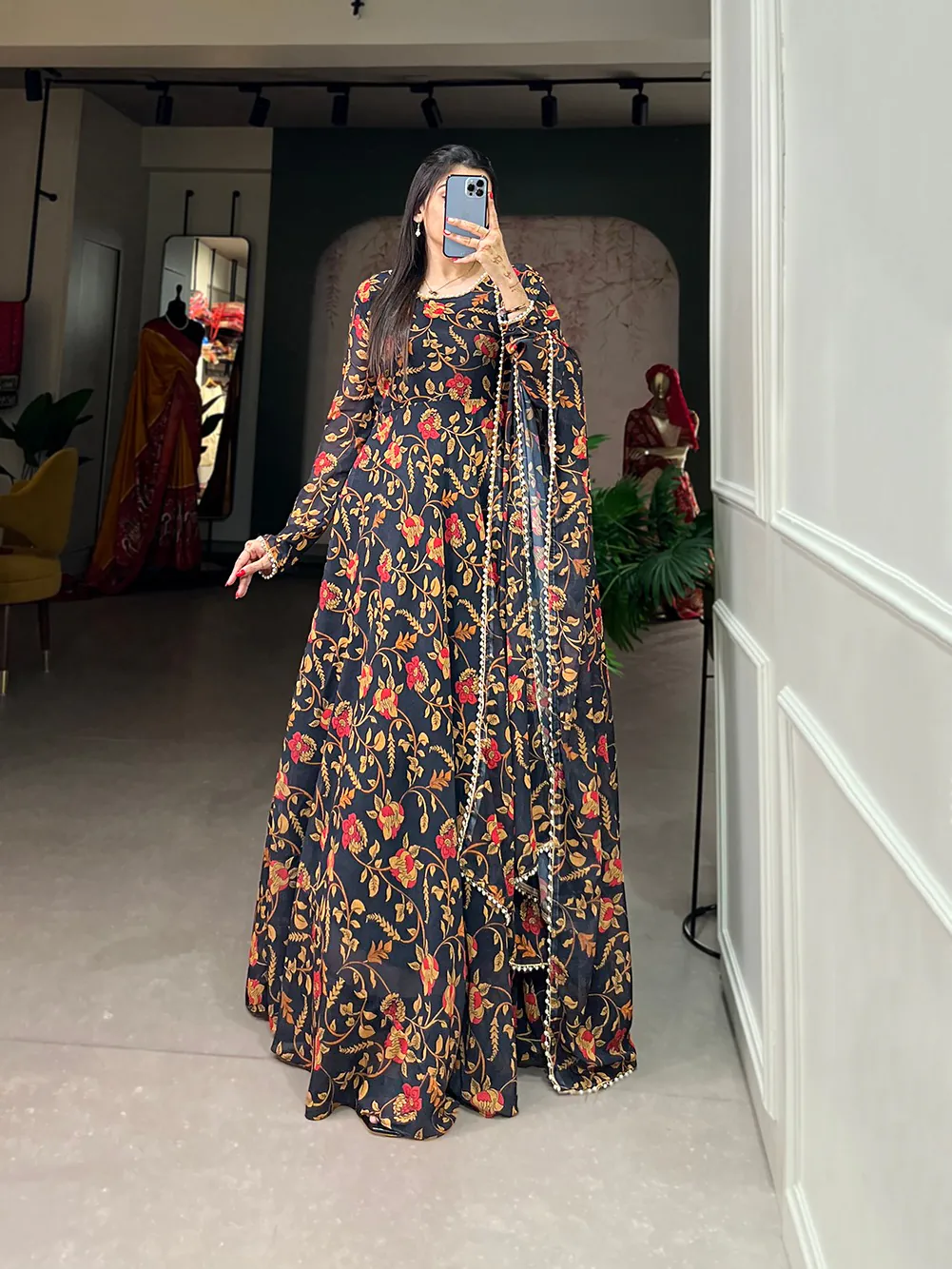 Beautiful Black Color Georgette Floral Printed Gown With Pearl Lace Border Dupatta