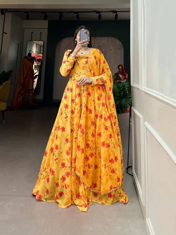 Beautiful Yellow Color Georgette Floral Printed Lace Border Gown