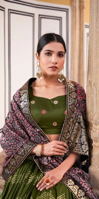 LNB 1614 Green Color Tussar Silk Dot And Ajarakh & Drawstring With Foil Printed & Heavy Tassels Lehenga Choli   Expected Delivery 4-6 Working Days 2449/- | Lehenga, Bollywood Lehenga, Creative Lehenga, Designer Lehenga, Embroidered Lehenga, Party Wear Lehenga