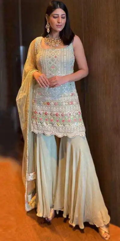 KD 1045 Light Green?Top : Georgette Sharara : Georgette Work :Embroidery Thread Work Wedding, Party, Festive,@1799/- Only | Salwar suit, Casual Suits, Creative suits, Designer Suits, Palazzo Suits, Party Wear Suits, Straight Suits