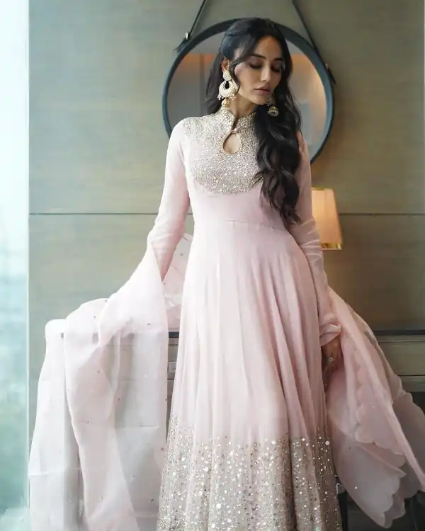 Adorable Baby Pink Color Georgette Embroidery Sequence Work Gown