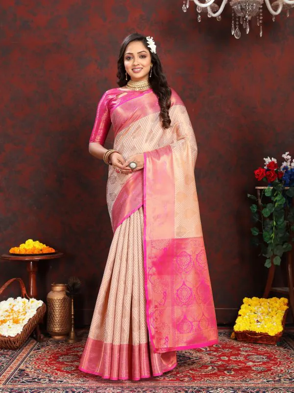 Adorable Golden Pink Color Lichi Silk Gold & Silver Zari Saree
