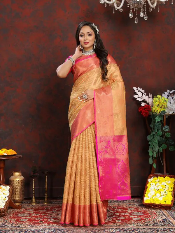 Adorable Yellow Color Lichi Silk Gold & Silver Zari Weaving Saree