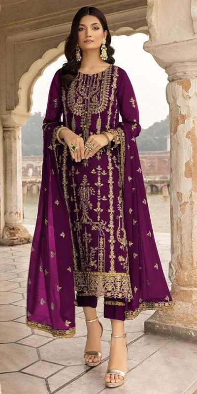 Alluring Purple Color Georgette Embroidered Sequence Work Salwar Suit