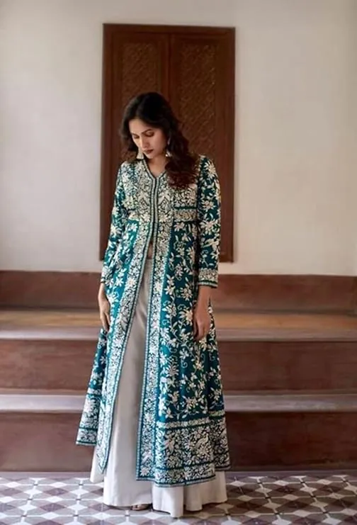 Beautiful Blue Color Cotton Slub Embroidery Work Sharara Suit