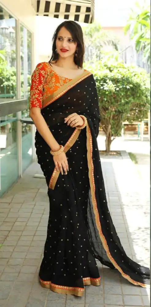 Bewitching Black Color Georgette Embroidery Work Saree