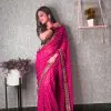 Brilliant Wine Color Printed Georgette With Sequence Embroidery Lace Saree