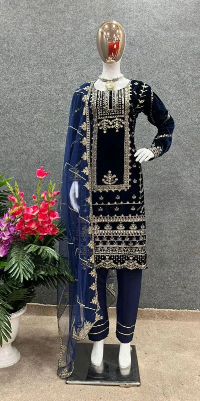 Charming Navy Blue Color Viscos velvet with Heavy Embroidery Work Party Wear Salwar Suit