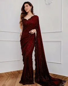 Classic Maroon Color Georgette Embroidery Sequins Work Saree