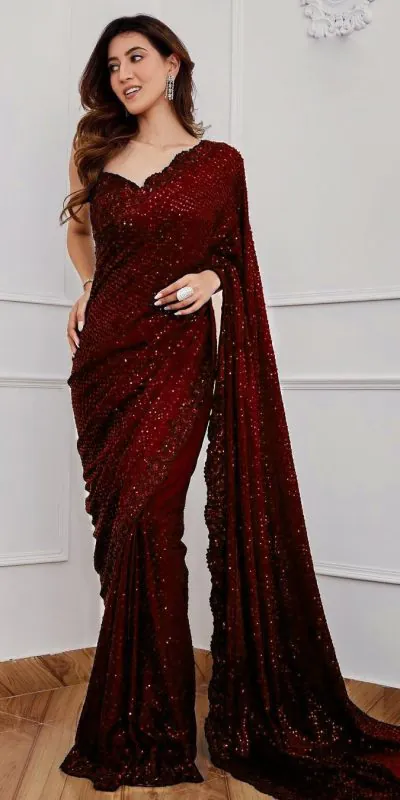 Classic Maroon Color Georgette Embroidery Sequins Work Saree