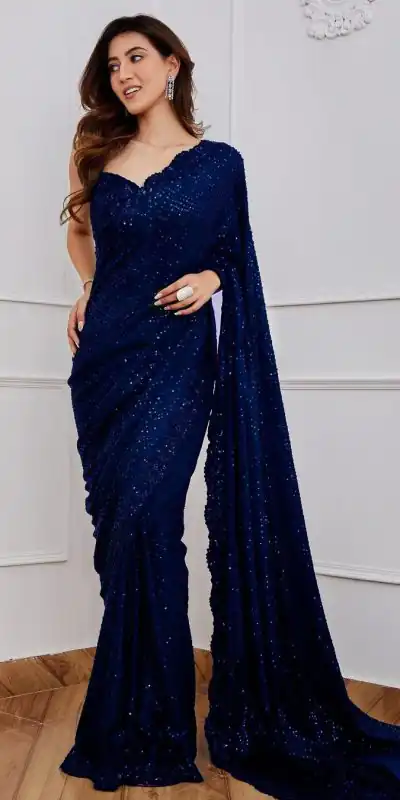 Classic Navy Blue Color Georgette Embroidery Sequins Saree