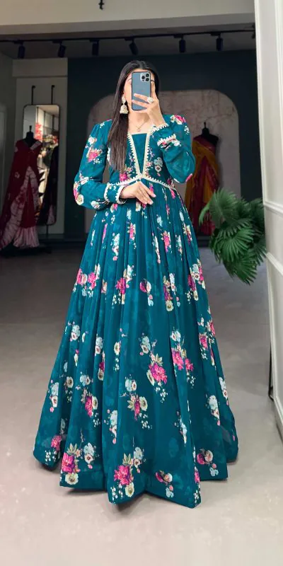 Classic Pine Green Color Exquisite Floral Georgette Printed Gown