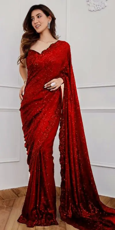 Classic Red Color Georgette Embroidery Sequins Work Saree