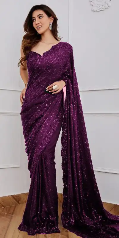 Classic Wine Color Georgette Embroidery Sequins Work Saree