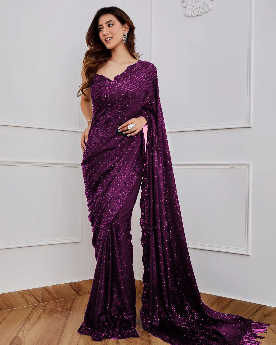 Classic Wine Color Georgette Embroidery Sequins Work Saree