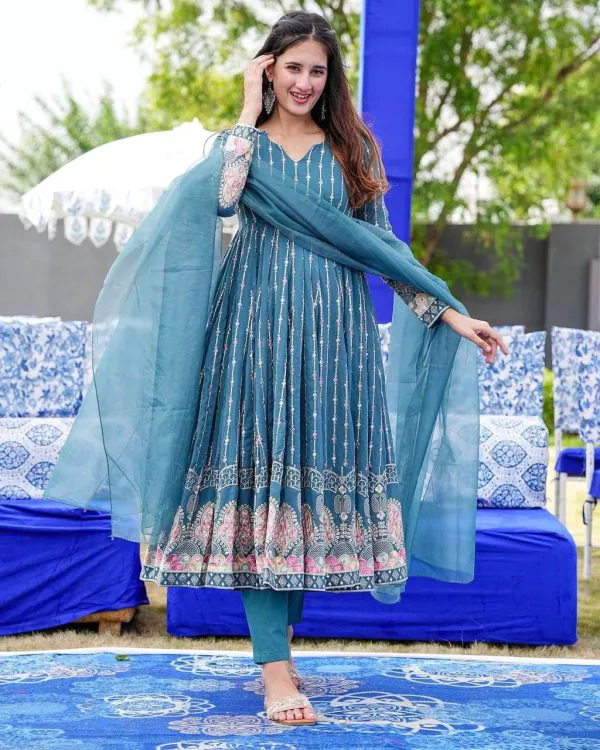 Cute Blue Color Faux Georgette Embroidery Work Sharara Suit